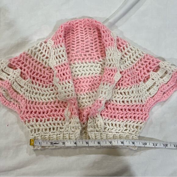 Handmade OOAK Grandma Crocheted Striped Short Sleeve Cardigan Small pink white - Picture 5 of 7